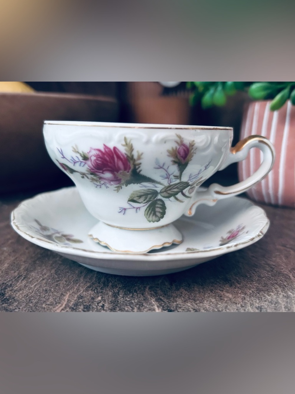 Vintage Floral Bone China Teacup & Saucer - Moss Rose occupied Japan